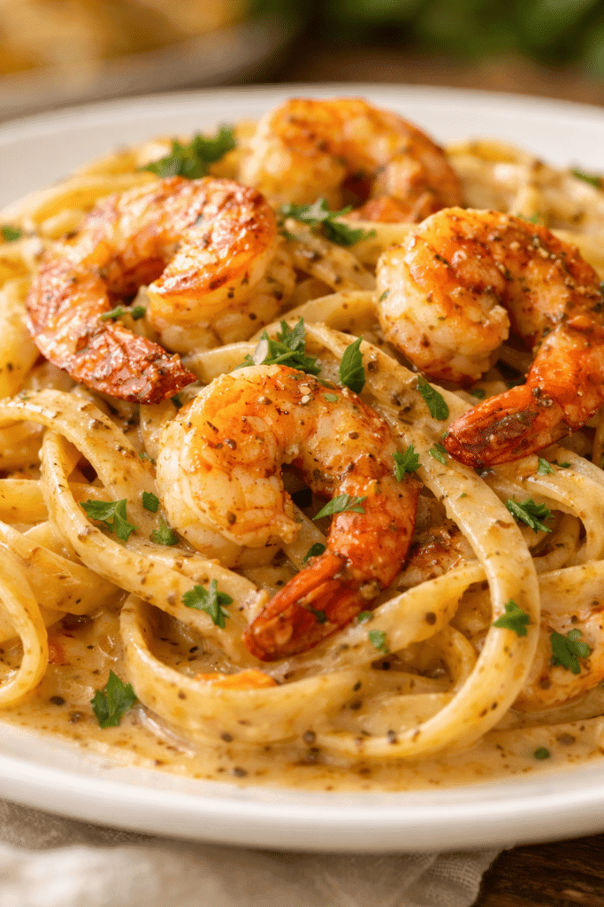 Close-up of creamy Cajun Shrimp Pasta