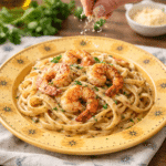 Cajun Shrimp Pasta served with Parmesan and parsley