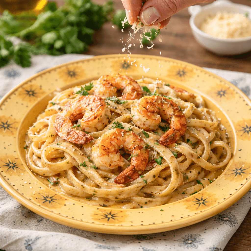 Cajun Shrimp Pasta served with Parmesan and parsley