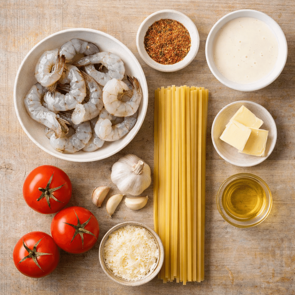 Cajun Shrimp Pasta ingredients flatlay