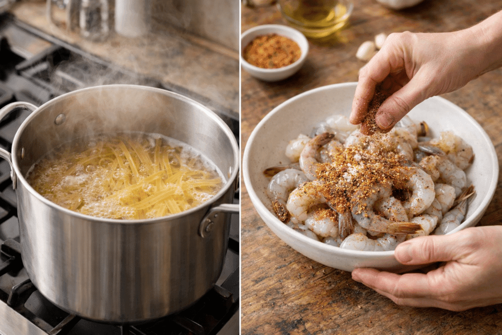 Cooking pasta and seasoning shrimp for Cajun Shrimp Pasta