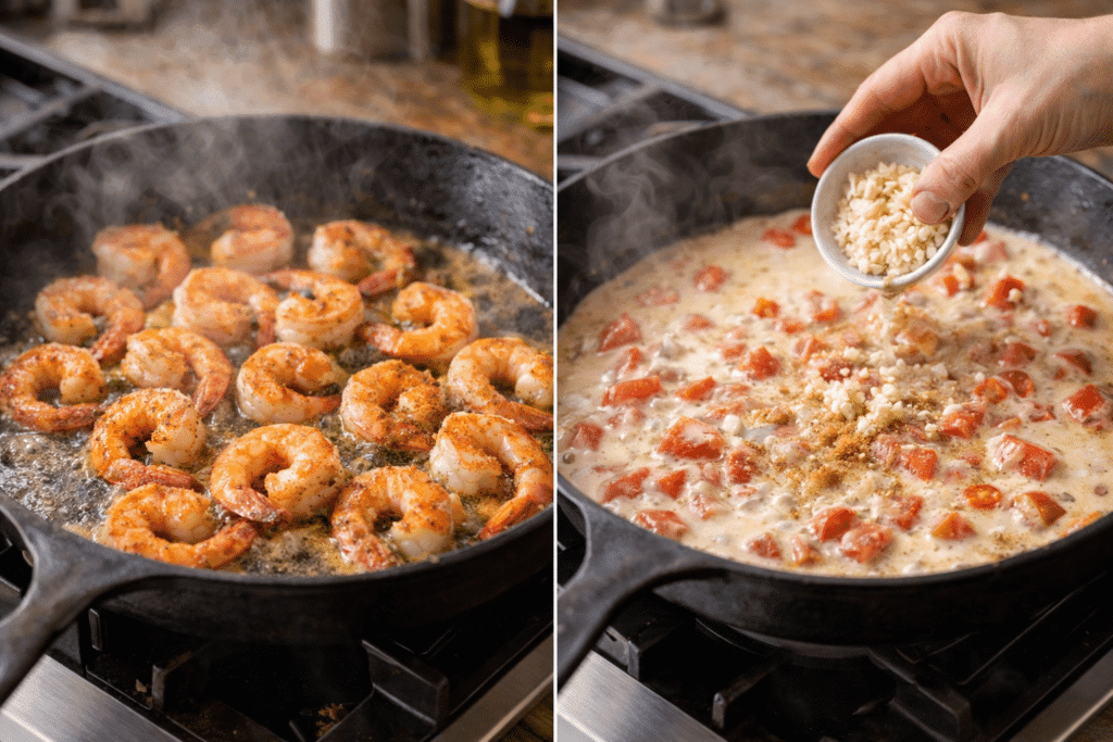 Cooking shrimp and making sauce for Cajun Shrimp Pasta