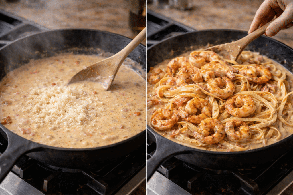Finishing Cajun Shrimp Pasta with sauce and pasta
