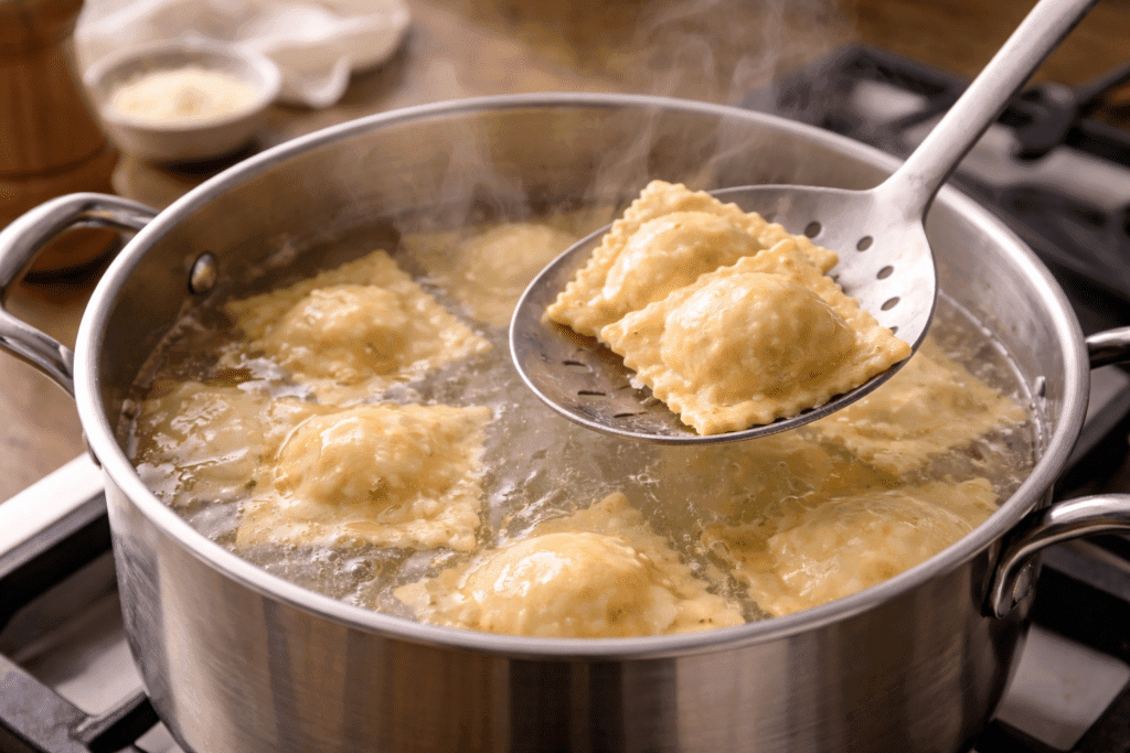 Boiling Cheese Ravioli gently in salted water