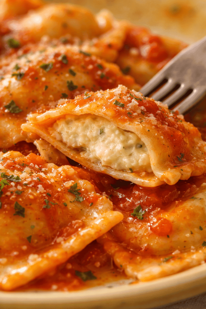 Close-up of Cheese Ravioli showing creamy cheese filling