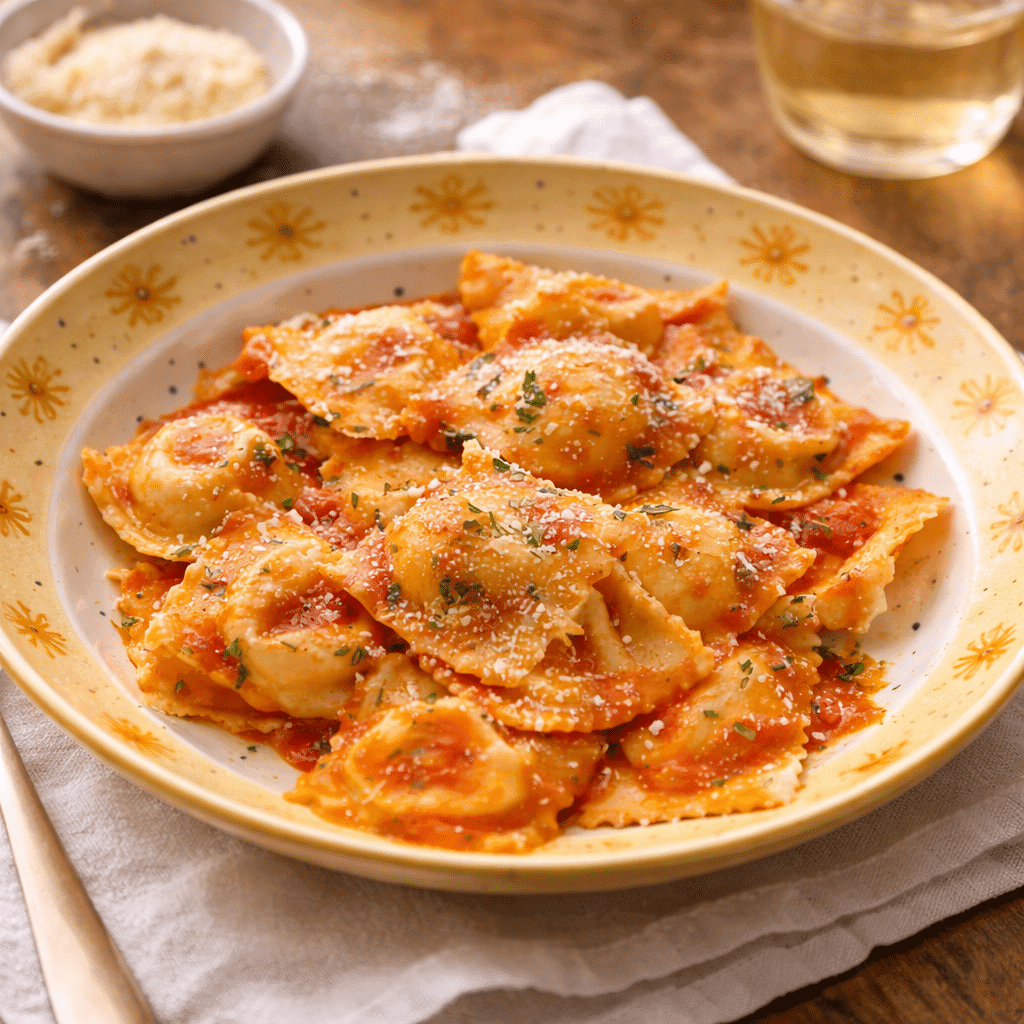 Cheese Ravioli served with sauce and parmesan on a yellow plate
