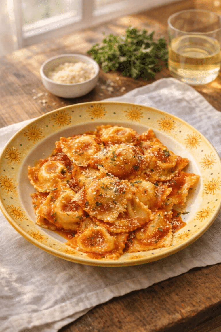 Cheese Ravioli recipe served on a yellow plate with creamy filling
