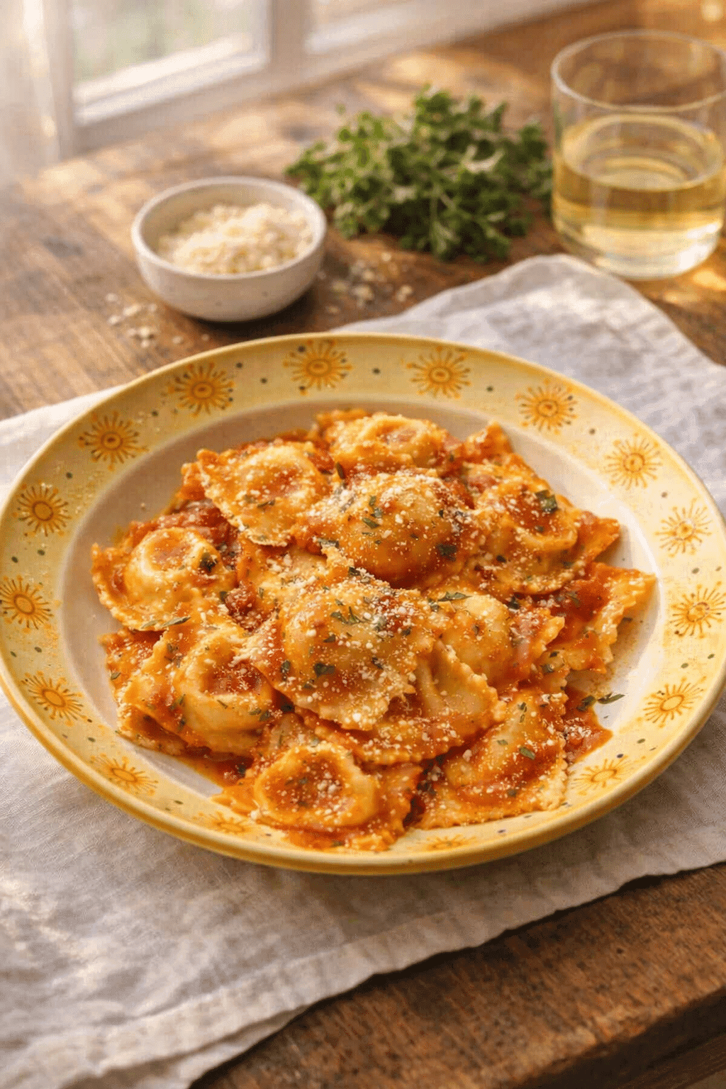 Cheese Ravioli recipe served on a yellow plate with creamy filling