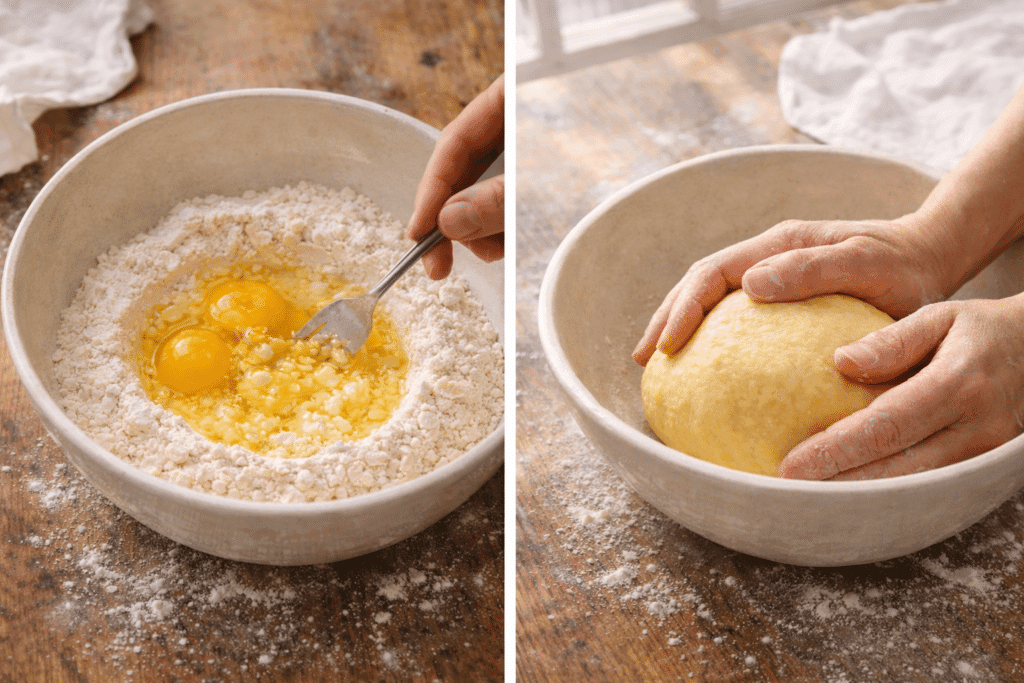 Building and kneading pasta dough for Cheese Ravioli