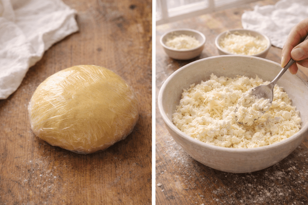 Resting pasta dough and mixing cheese filling for Cheese Ravioli