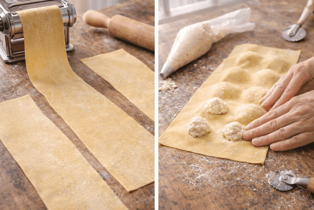 Rolling pasta dough and filling Cheese Ravioli step by step