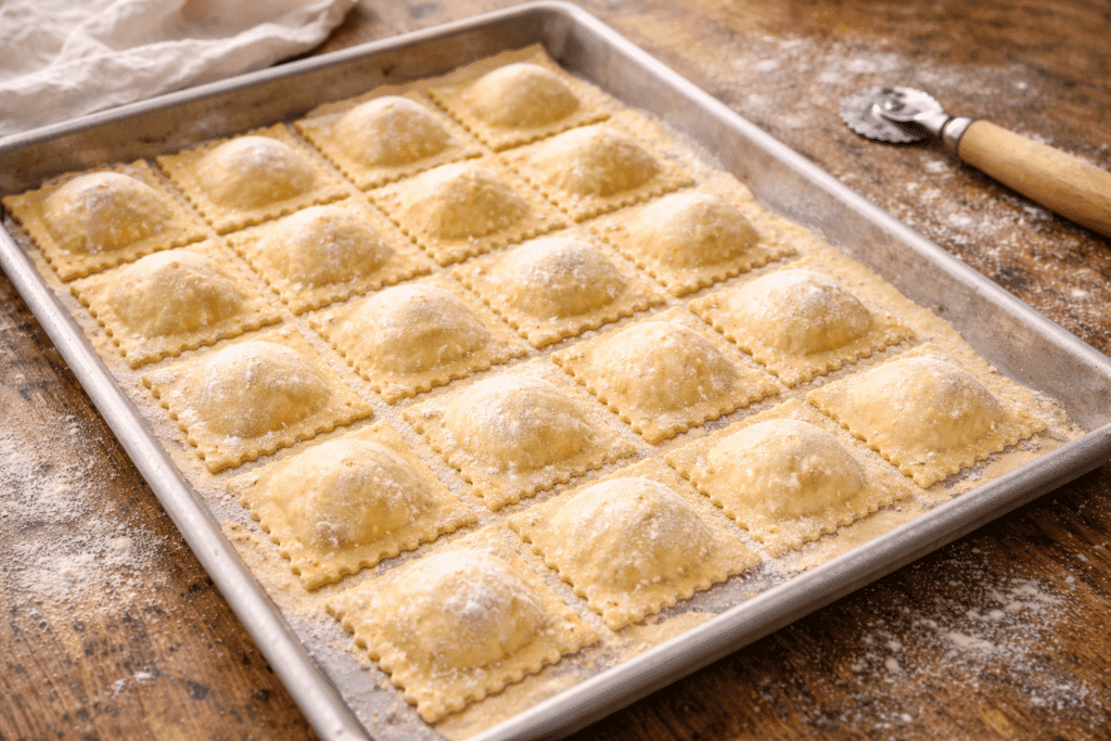 Cut and resting Cheese Ravioli before cooking