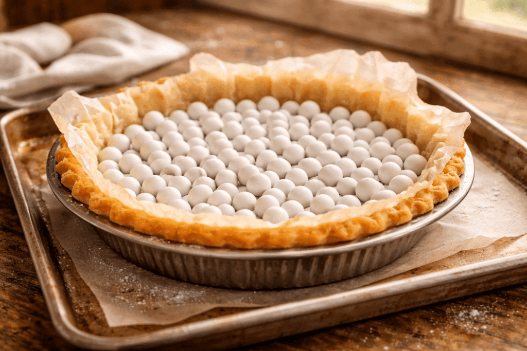 Blind baking Chess Pie crust with parchment and weights