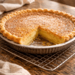 Cooling Chess Pie on wire rack with golden crackly top
