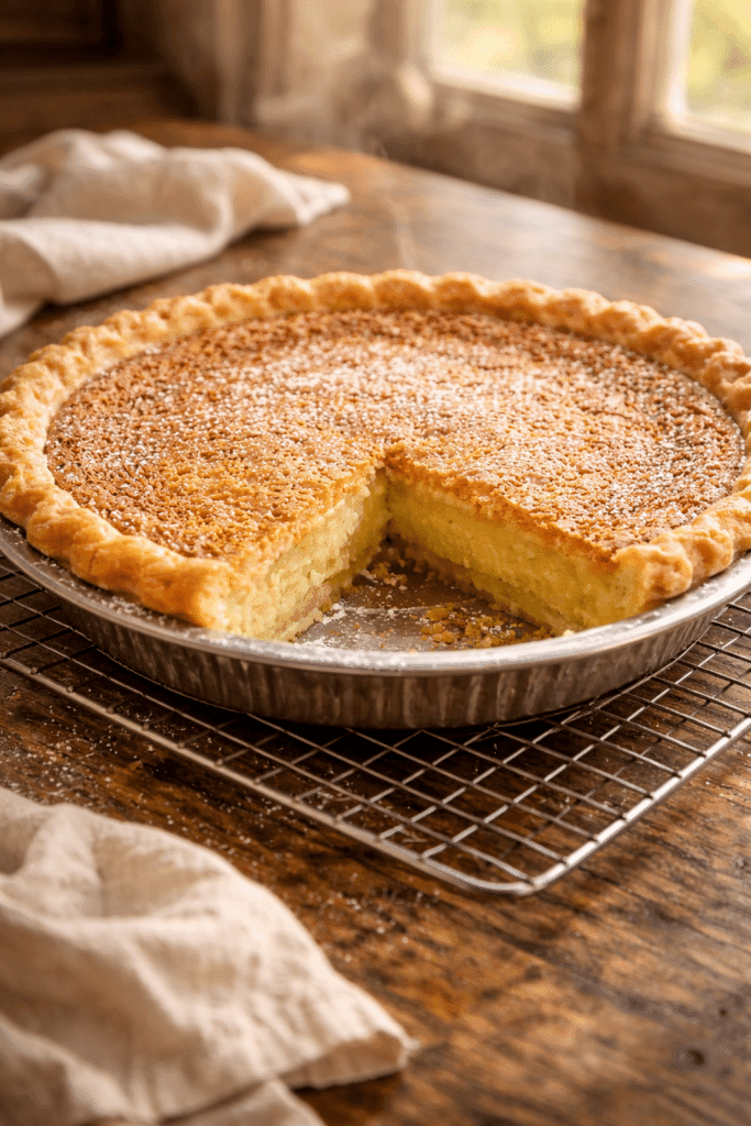 Cooling Chess Pie on wire rack with golden crackly top