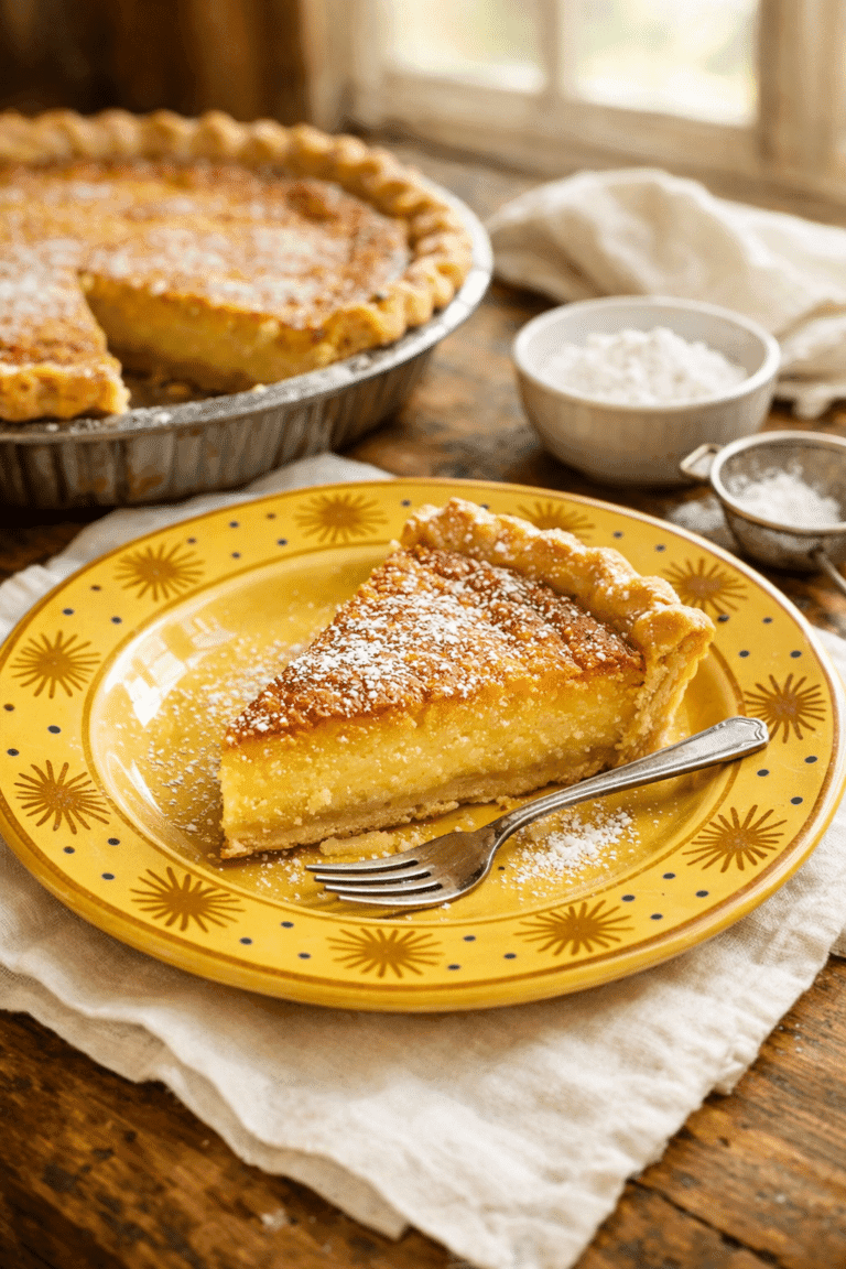 Southern Chess Pie Recipe with golden crust and custard filling on yellow plate