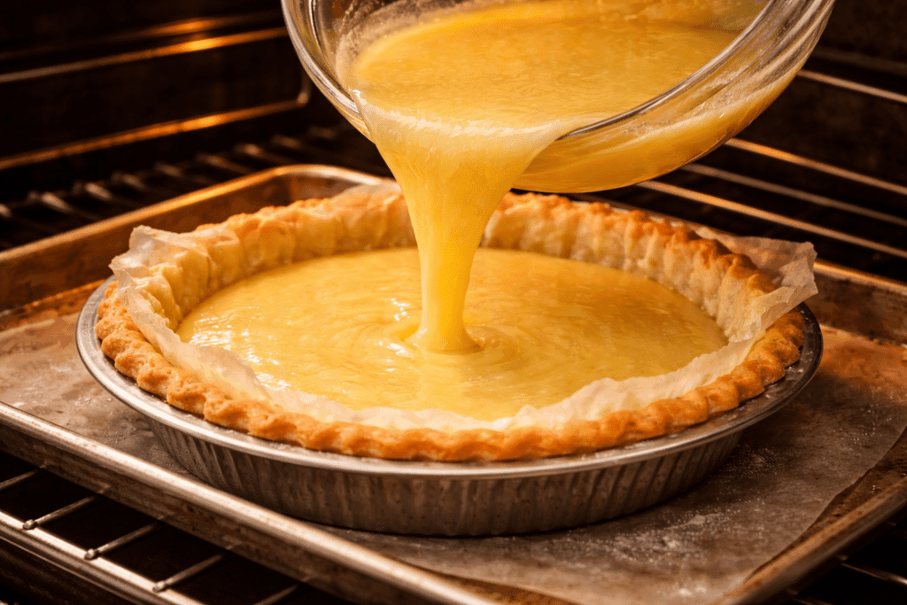 Pouring custard filling into pie crust for Chess Pie Recipe