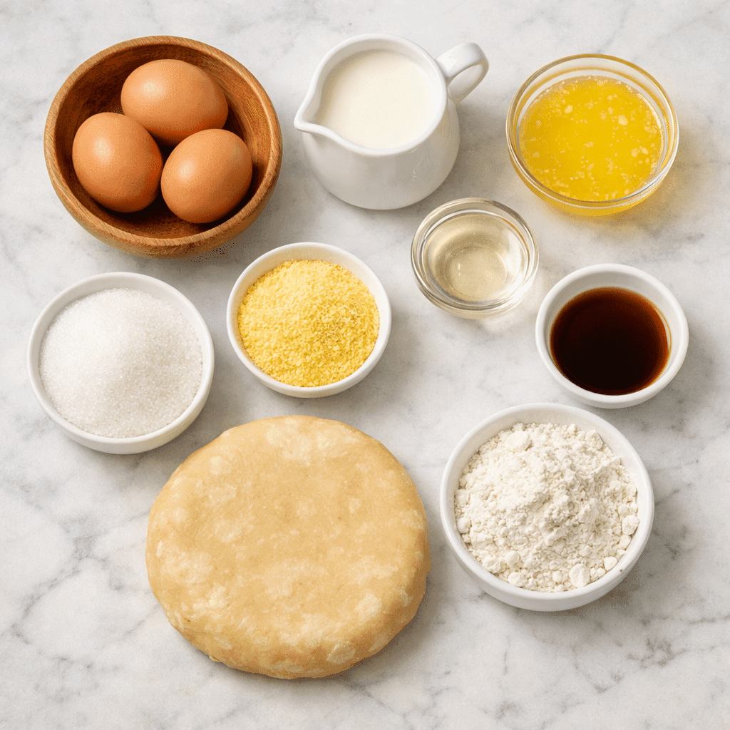 Flatlay of ingredients for Chess Pie including eggs, sugar, butter, and cornmeal