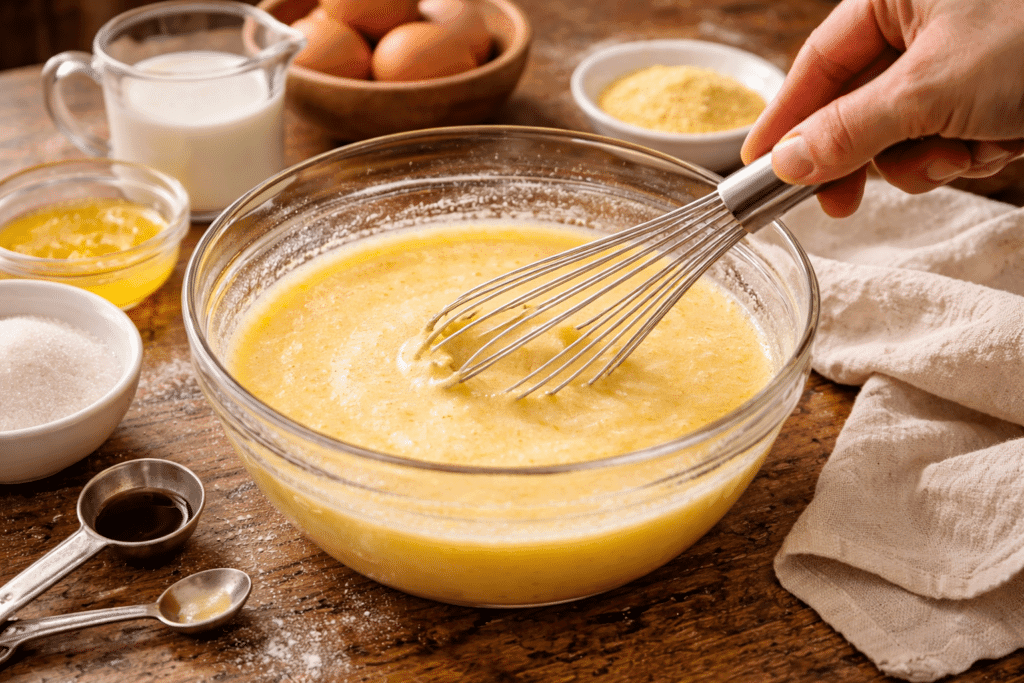 Whisking custard filling for Chess Pie Recipe in a glass bowl
