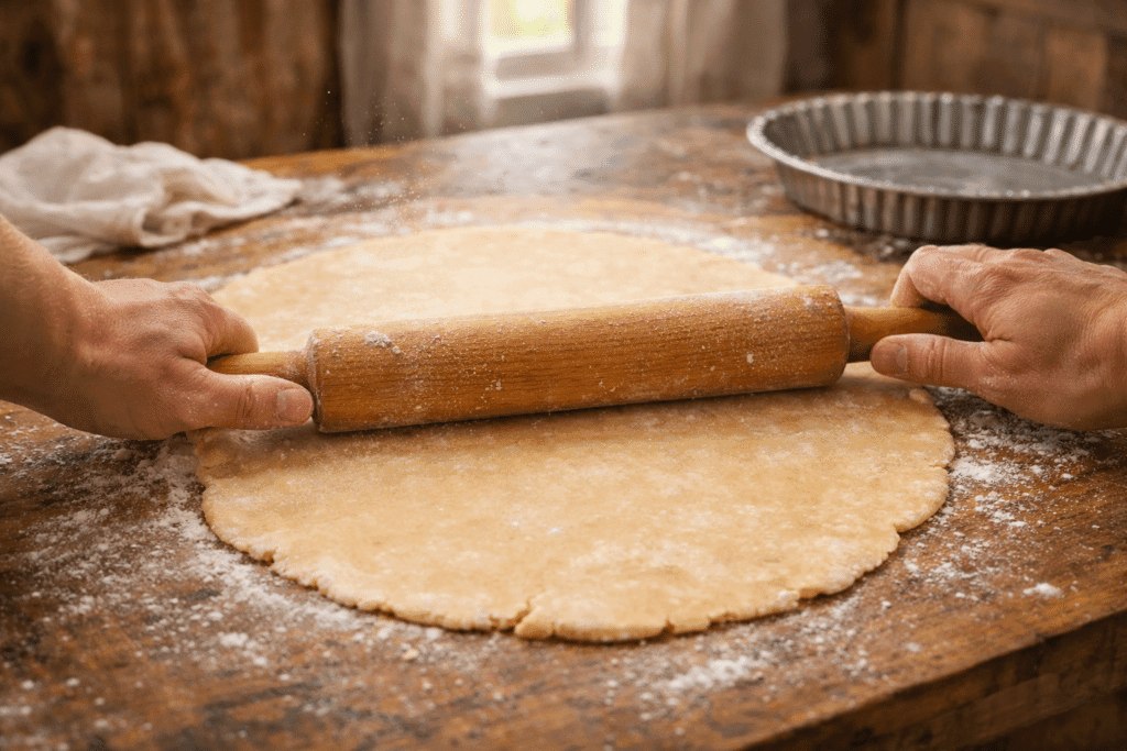 Rolling out pie dough for Chess Pie crust on floured surface
