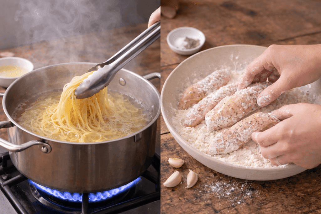 Chicken Scampi step 1 and 2 pasta cooking and chicken dredging