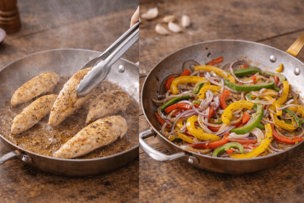 Chicken Scampi step 3 and 4 browning chicken and sautéing vegetables