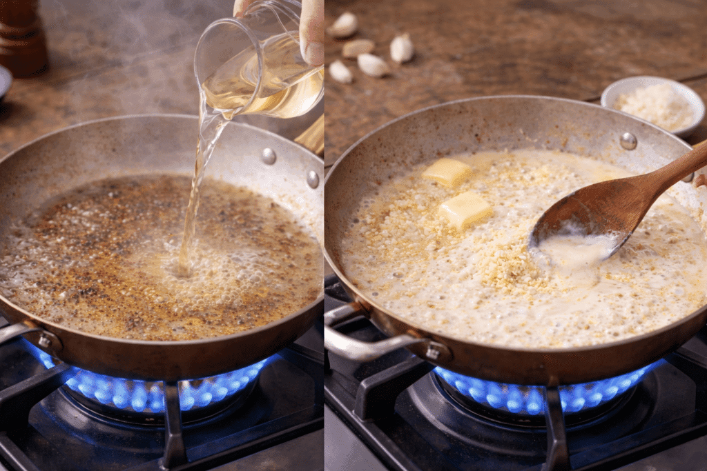 Chicken Scampi step 5 and 6 deglazing pan and making creamy sauce