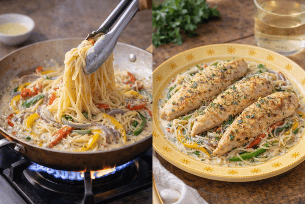 Chicken Scampi step 7 and 8 tossing pasta and serving