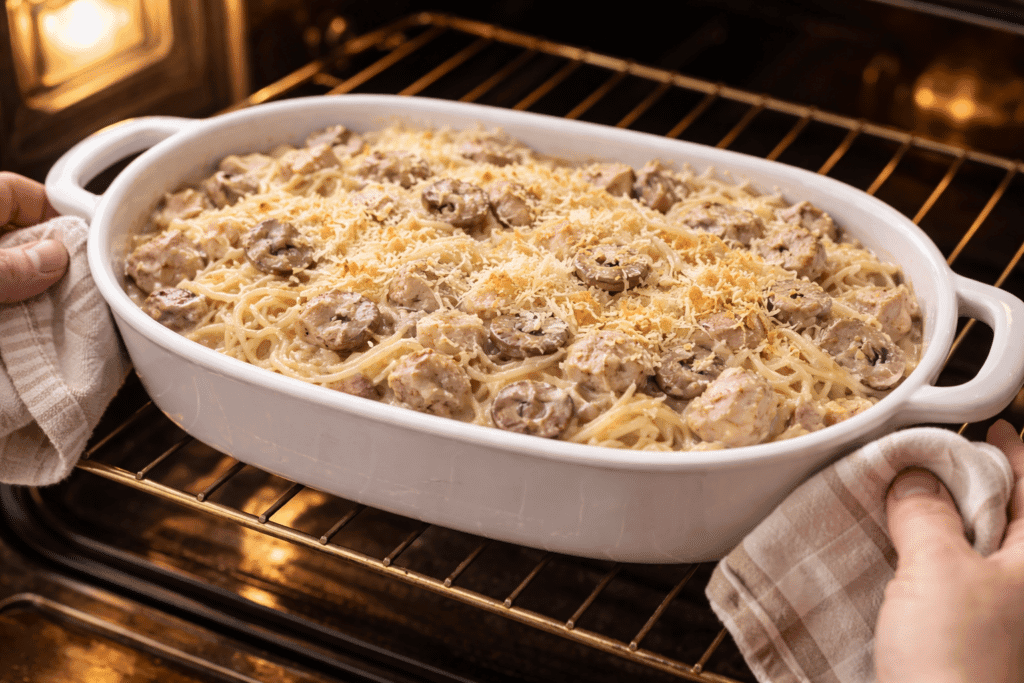 Baking Chicken Tetrazzini casserole