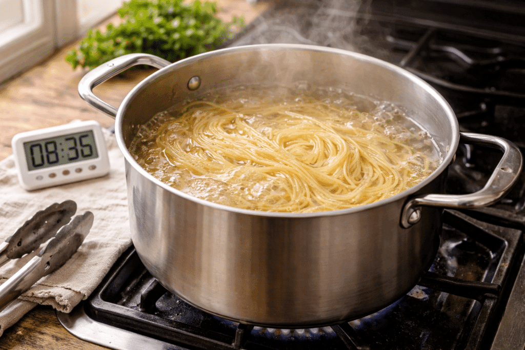Cooking pasta for Chicken Tetrazzini