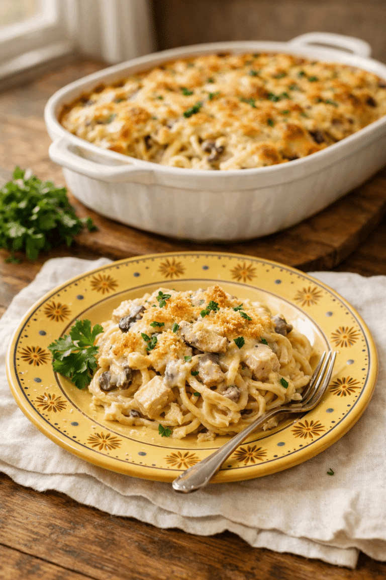 Chicken Tetrazzini baked pasta casserole