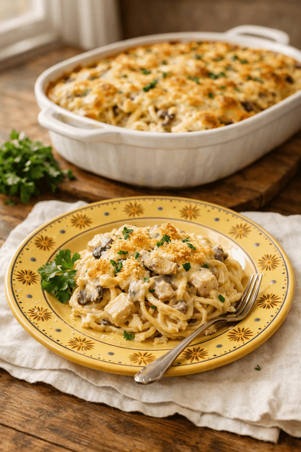 Chicken Tetrazzini baked pasta casserole
