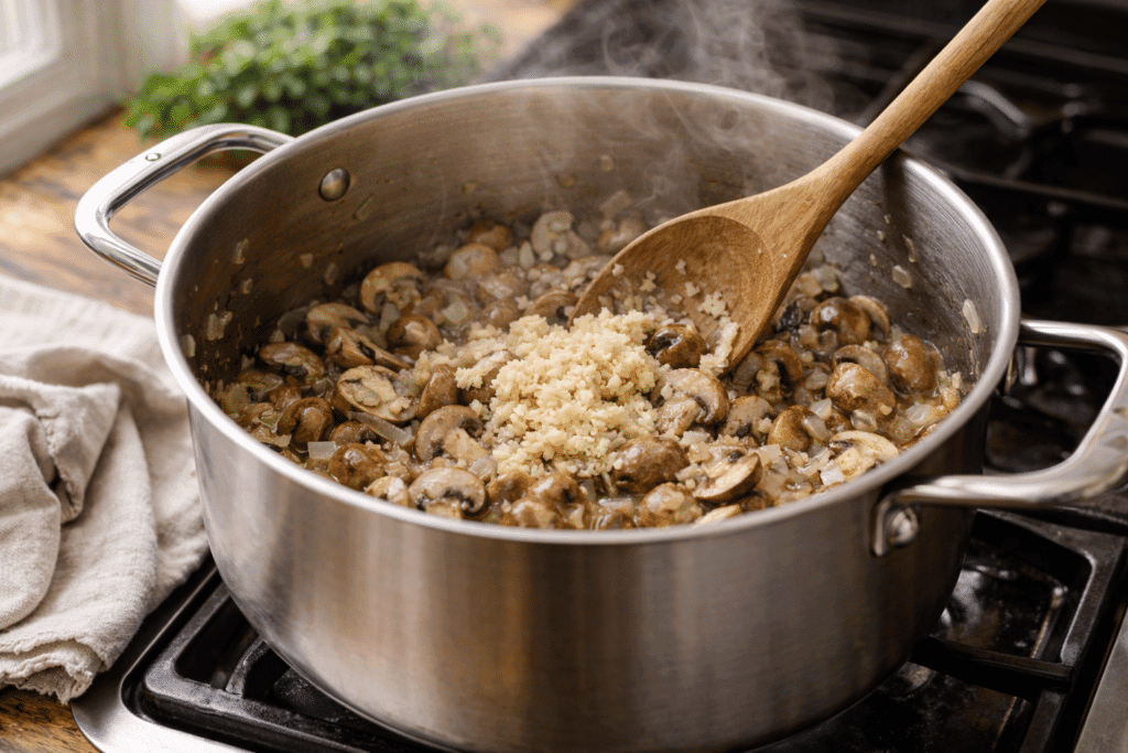 Adding garlic to Chicken Tetrazzini vegetables