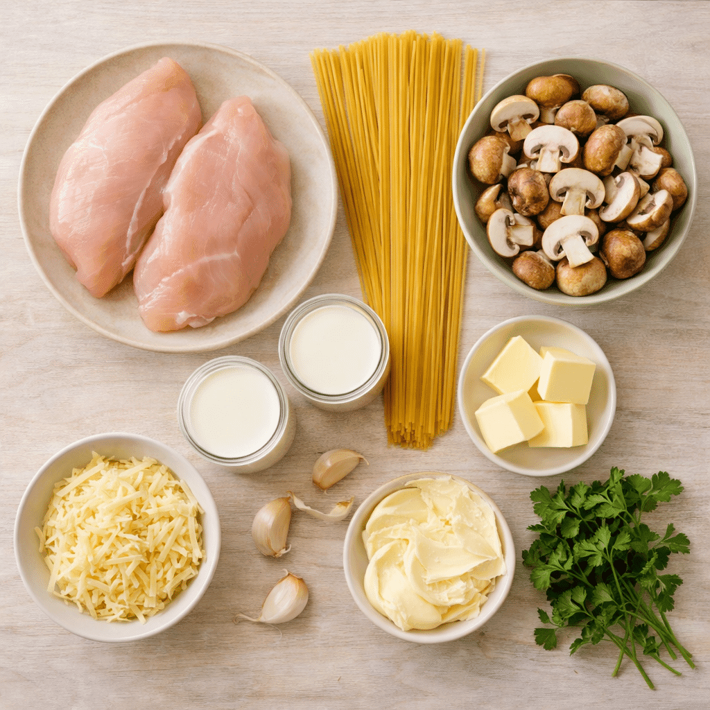 Chicken Tetrazzini ingredients flatlay
