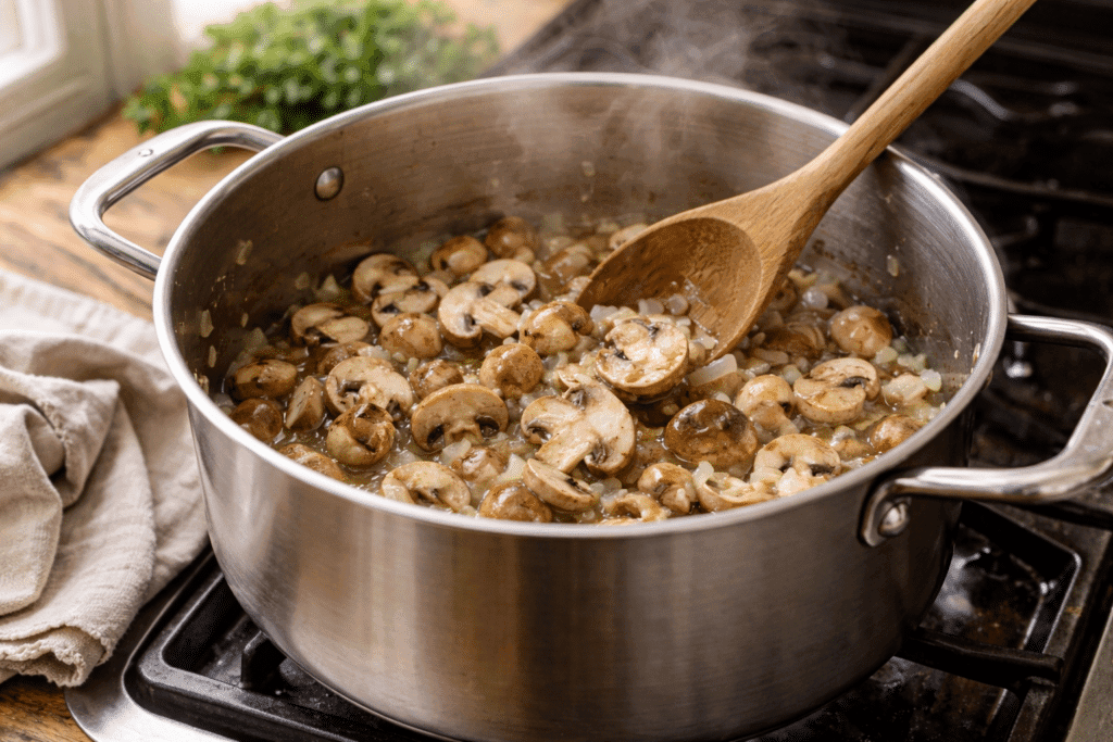 Cooking mushrooms and onion for Chicken Tetrazzini