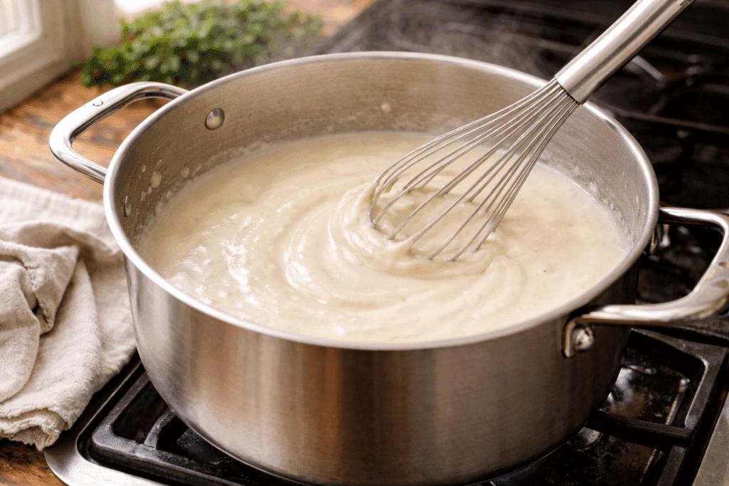 Creamy sauce cooking for Chicken Tetrazzini