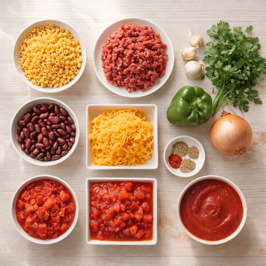 Chili Mac ingredients flatlay