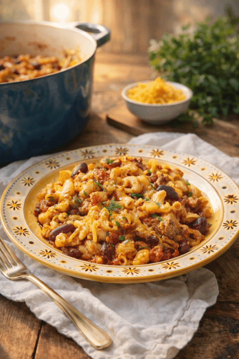 Chili Mac recipe served hot in a bowl