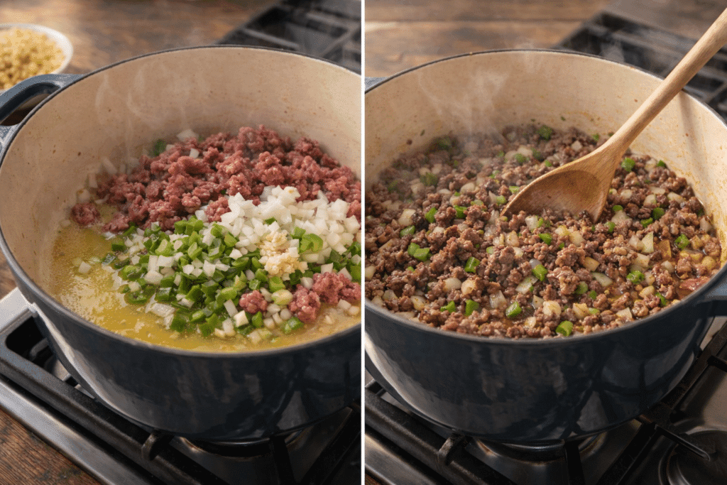 Chili Mac cooking steps browning beef and vegetables
