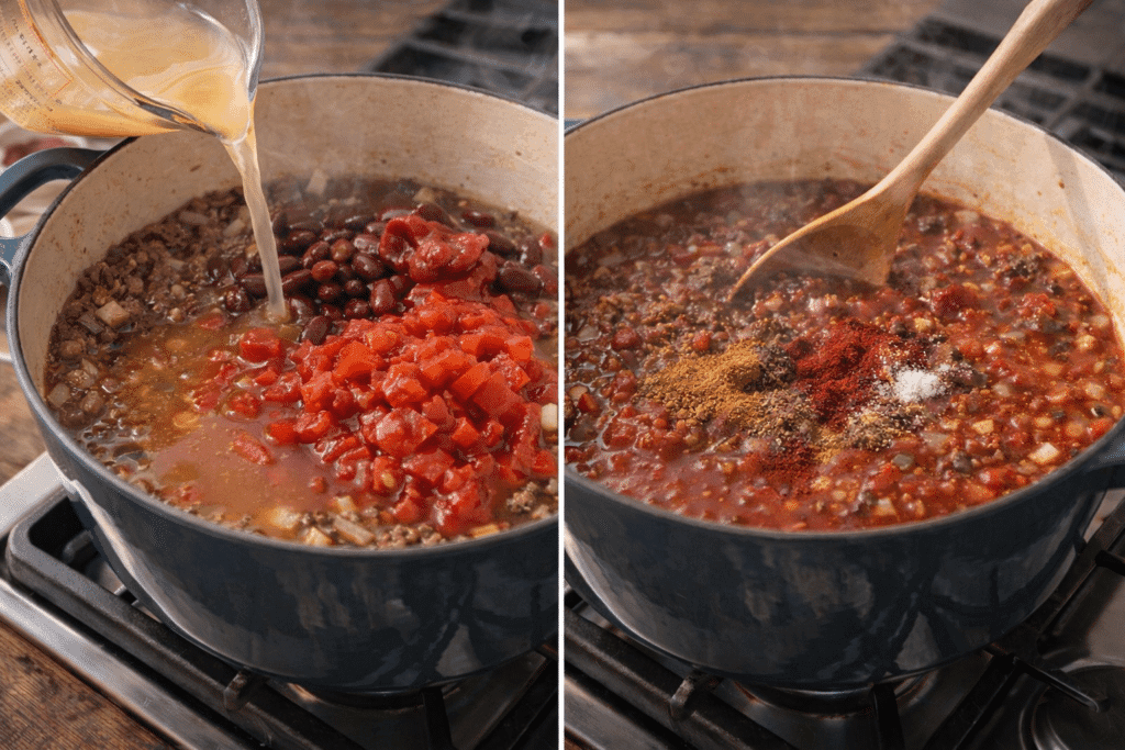 Chili Mac cooking steps adding sauce and spices