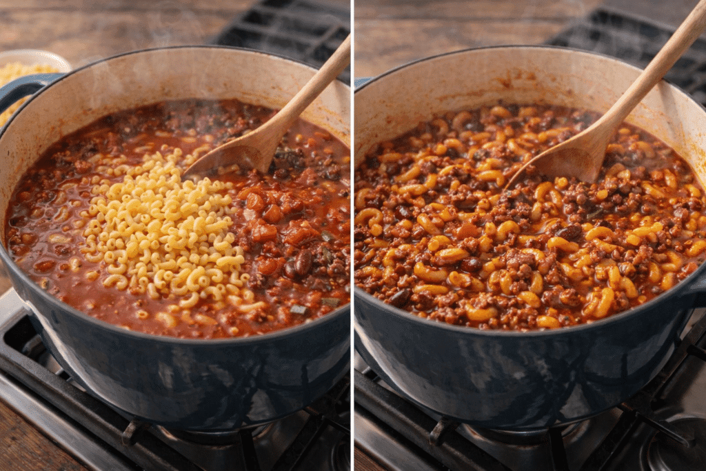 Chili Mac cooking steps adding pasta and thickening sauce
