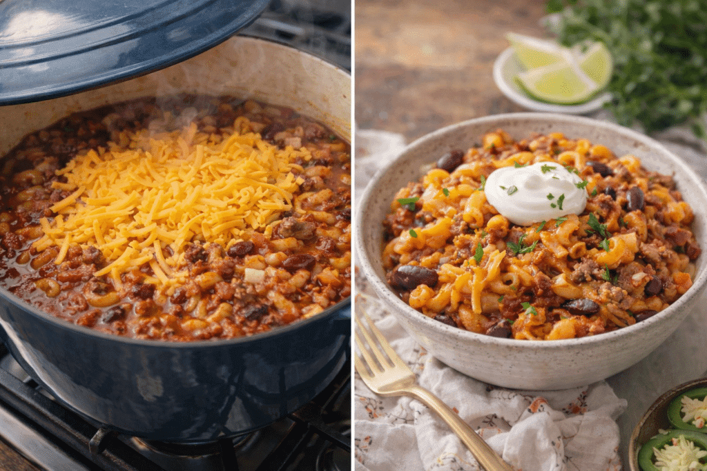 Chili Mac finishing steps melting cheese and serving