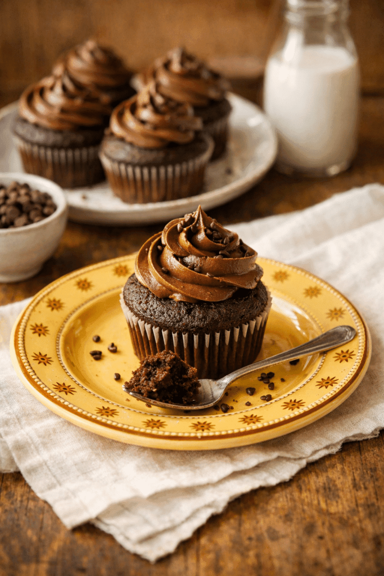 chocolate cupcake recipe plated on yellow dish