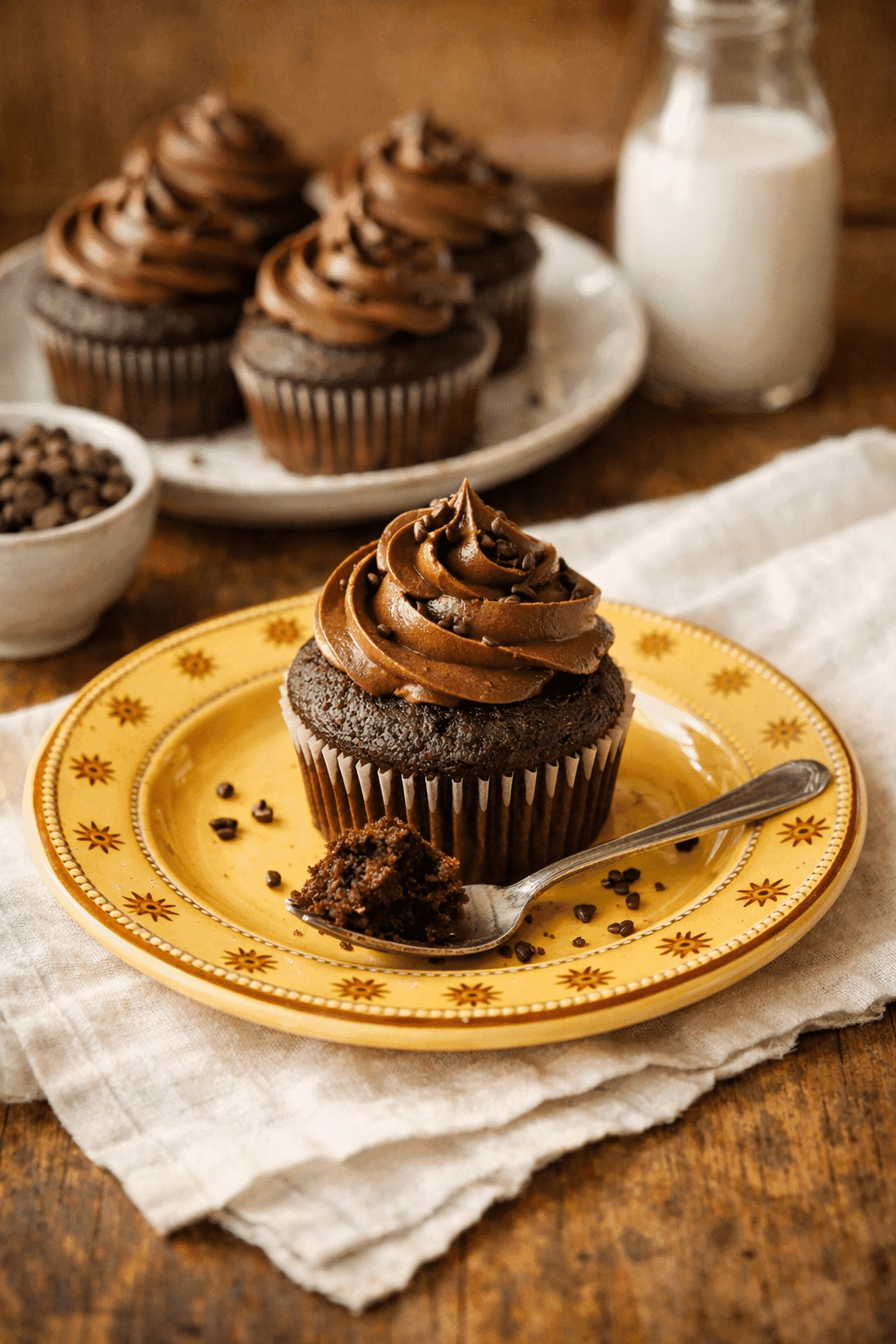 chocolate cupcake recipe plated on yellow dish