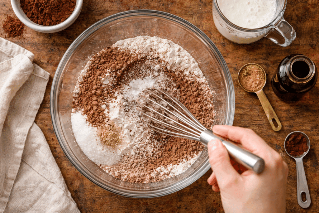 whisking dry ingredients for chocolate cupcake recipe