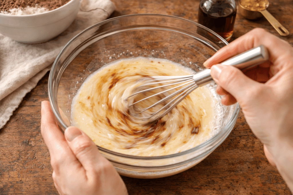 whisking wet ingredients for chocolate cupcake batter