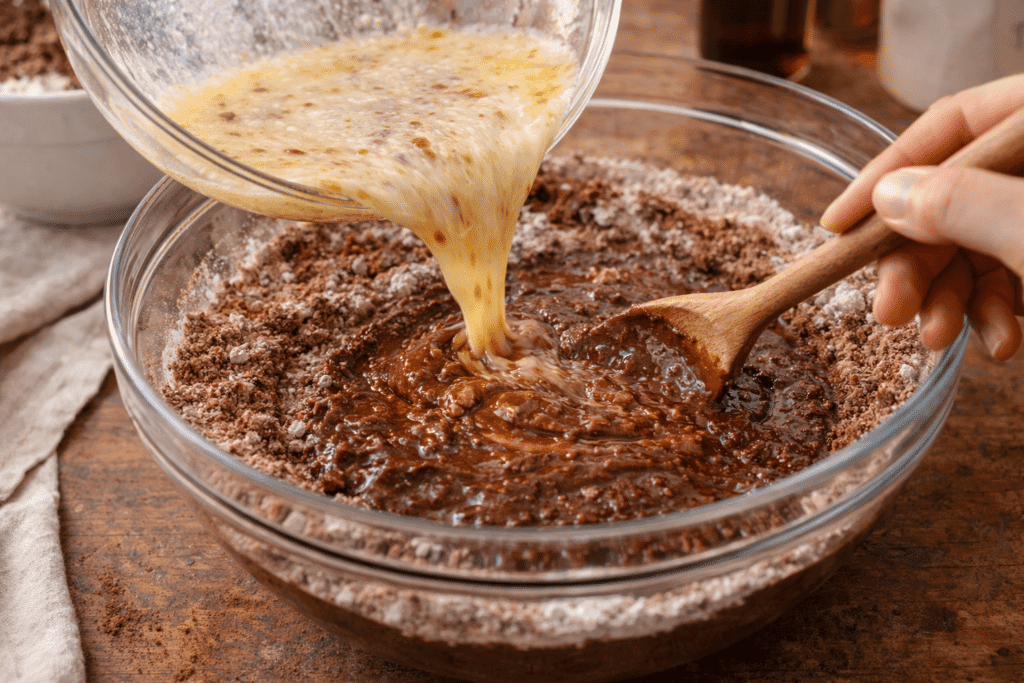 combining wet and dry ingredients for chocolate cupcake batter