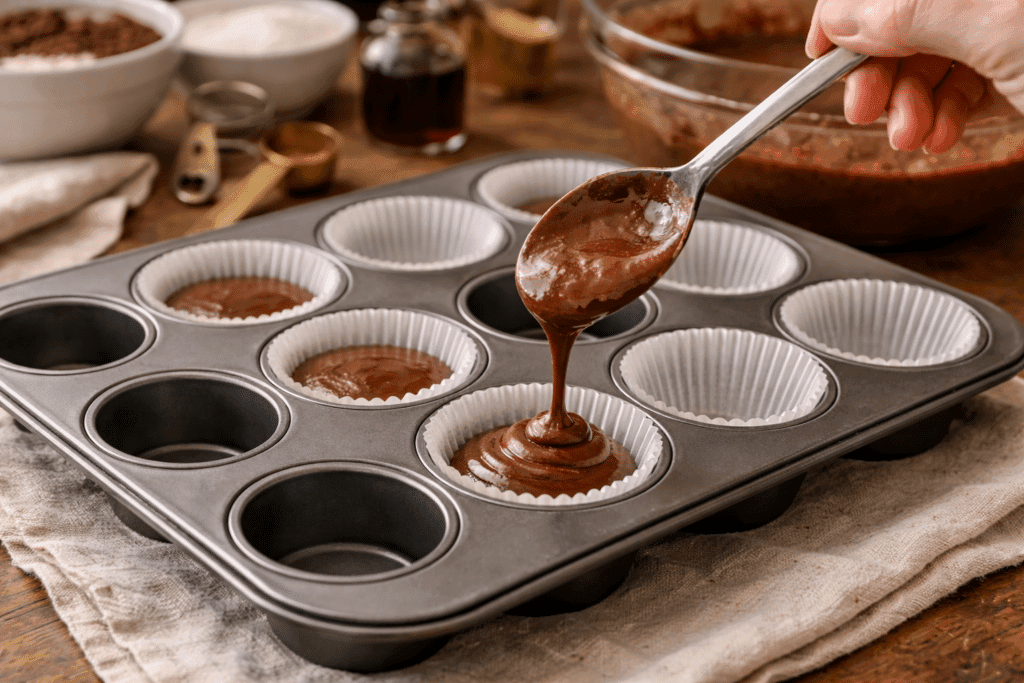 filling muffin liners with chocolate cupcake batter
