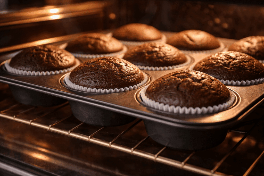 chocolate cupcakes baking in the oven