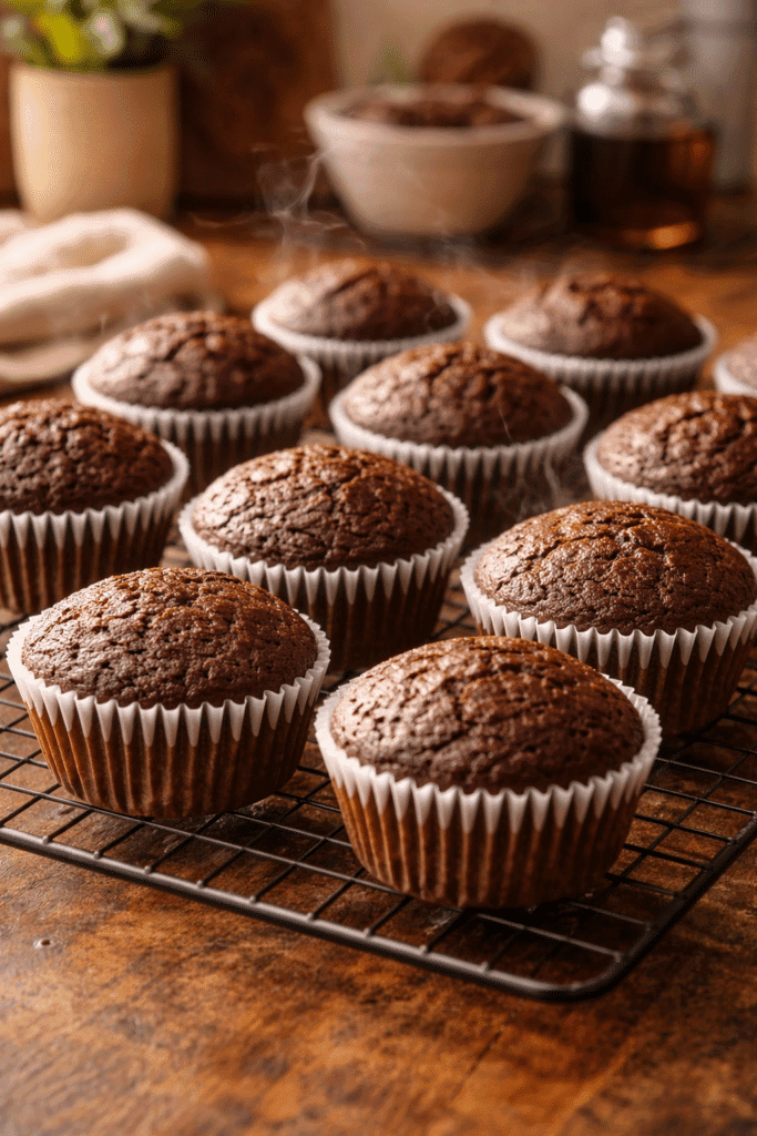 cooling chocolate cupcakes on wire rack